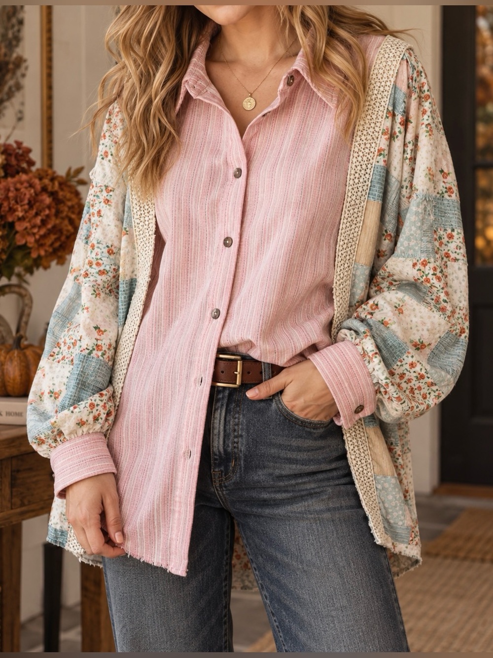 Oli & Hali Patchwork Floral Striped Oversized Button Down Shirt - Size M